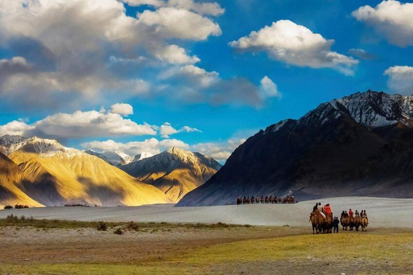A group of people on horseback in a mountainous landscape with snow-capped peaks and a clear sky. 1