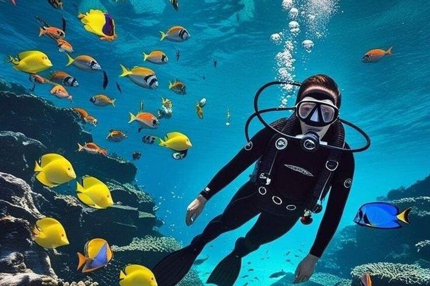 A diver surrounded by colorful fish in clear blue water. 2