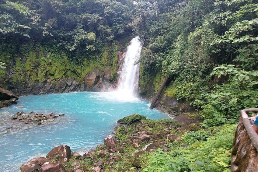 A waterfall cascading into a turquoise pool surrounded by lush greenery. 1