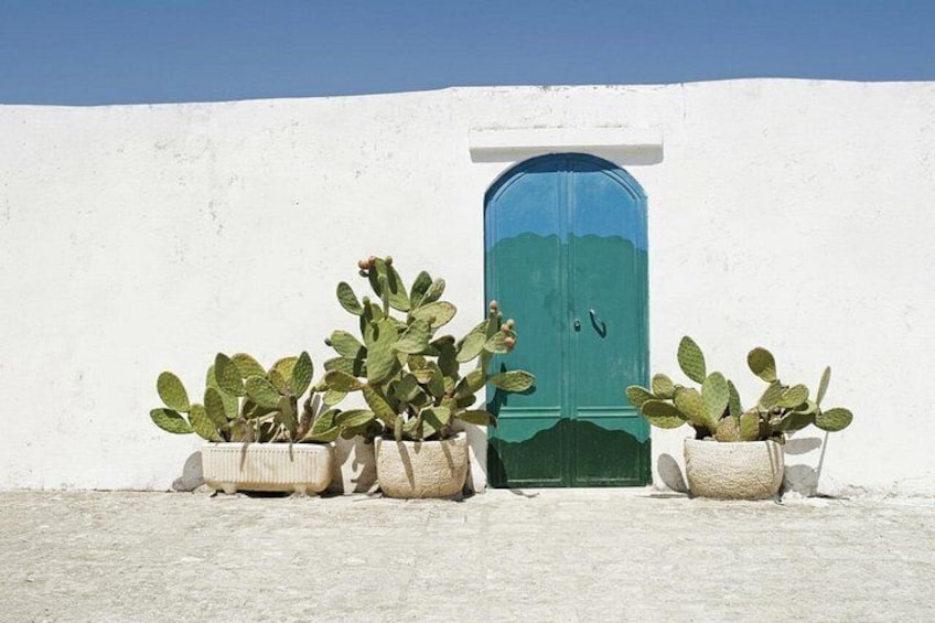 A white wall with a blue door, three potted cacti, and a clear blue sky. 2