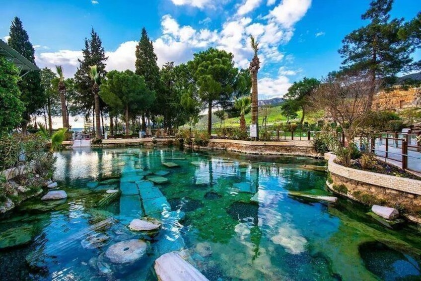 A clear pool with rocks, surrounded by trees and a stone wall. 2