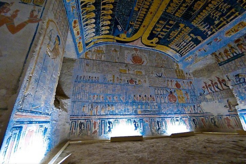 An ancient Egyptian tomb with hieroglyphs and wall paintings. 2