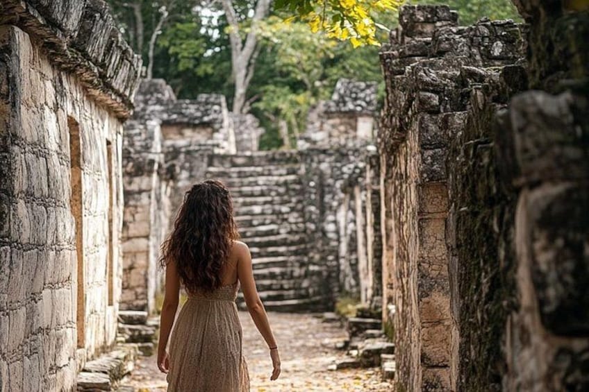 A woman walking through an ancient stone pathway surrounded by ruins. 1