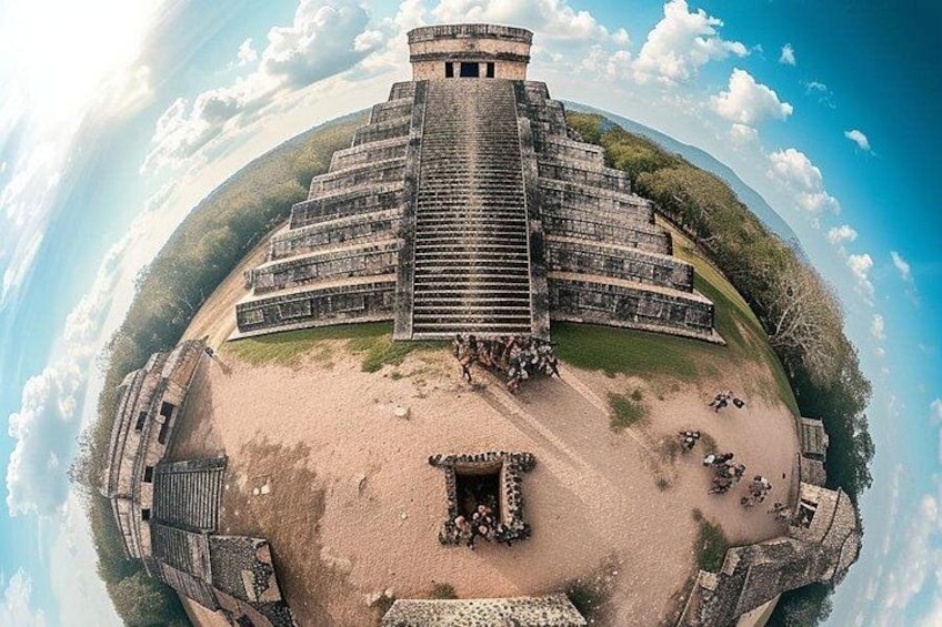 A large pyramid structure with a staircase leading to the top, surrounded by a sandy area with scattered objects. 2