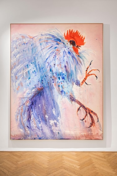A painting of a bird with a red crest and blue feathers. 5