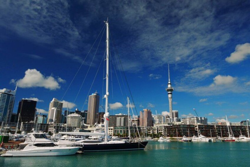 A marina with sailboats, a city skyline with modern buildings, and a prominent tower. 1