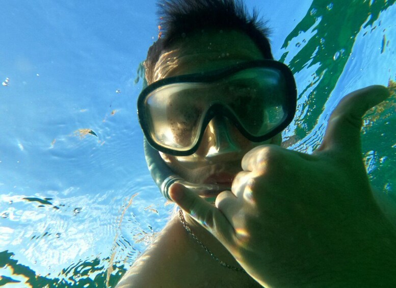 A person underwater, wearing a snorkel mask and pointing upwards. 1