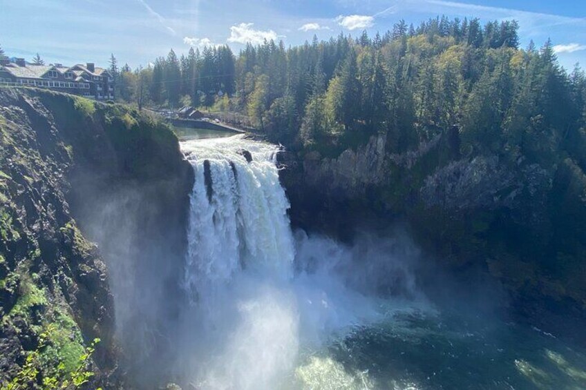 A waterfall cascading down a rocky cliff surrounded by dense forest. 5