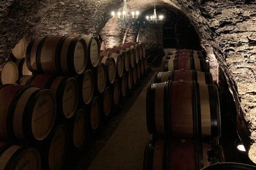 Une cave à vin avec des rangées de barriques en bois. 3