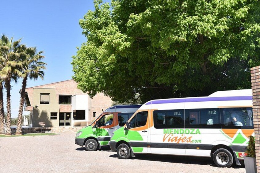 Una furgoneta verde y blanca con la leyenda 'Mendoza Vías' estacionada frente a un edificio con palmeras. 2