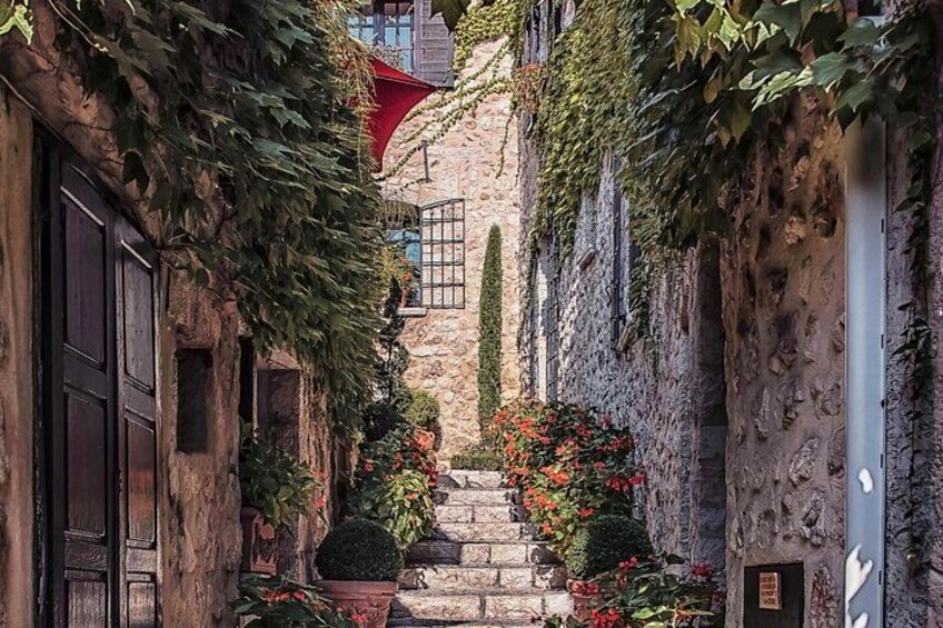 A narrow stone alley with ivy-covered walls, a wooden door, and a staircase leading to a red-roofed building. 4
