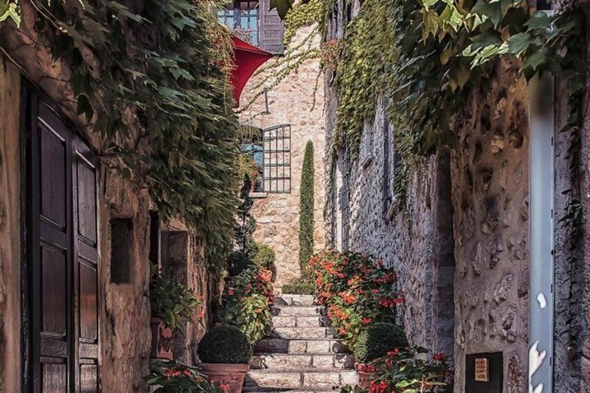 A narrow stone alley with ivy-covered walls, a red-roofed building, and potted plants. 2