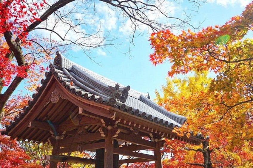 A traditional Japanese pavilion with a tiled roof, surrounded by autumn foliage. 3