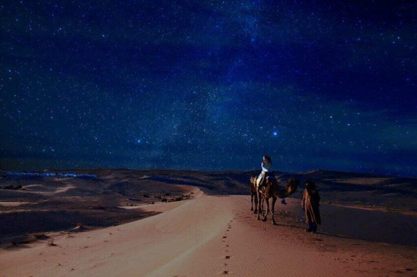 A desert landscape at night with a starry sky, a person riding a camel, and another camel in the foreground. 3