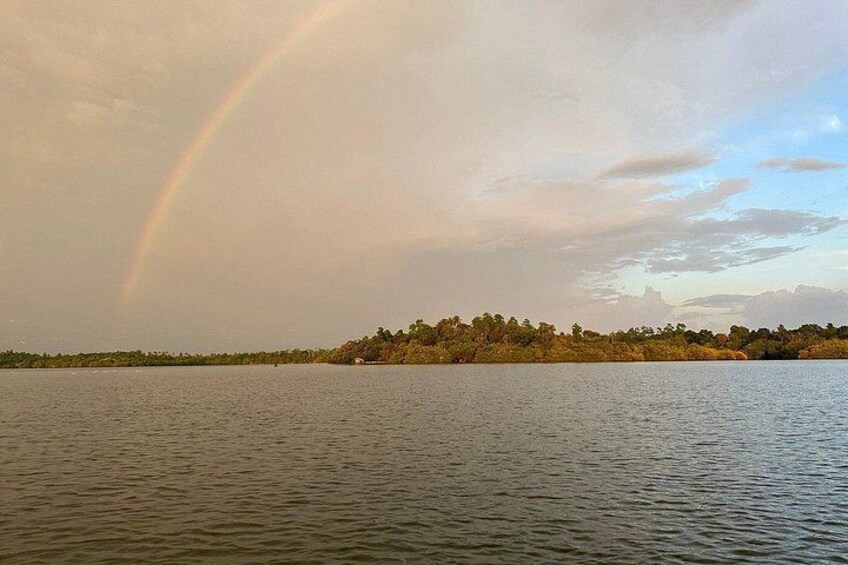 A body of water with a rainbow and a forested island in the distance. 4