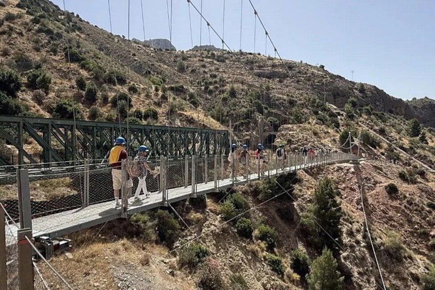 A suspension bridge with hikers. 2