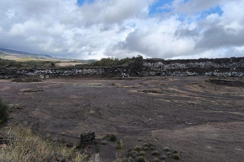 A barren landscape with a rocky terrain and sparse vegetation. 5