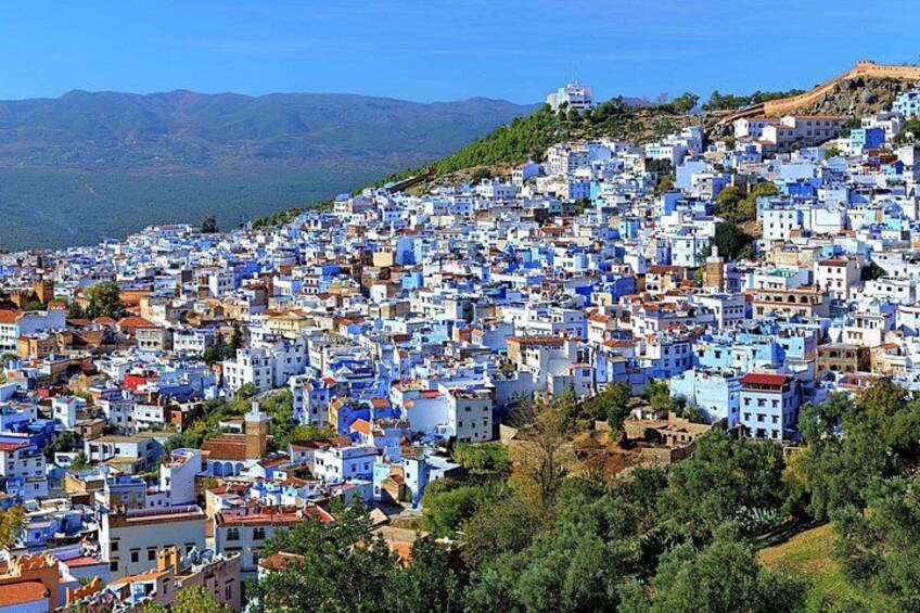 A densely packed town with buildings predominantly painted in blue and white, set against a backdrop of mountains and clear skies. 4