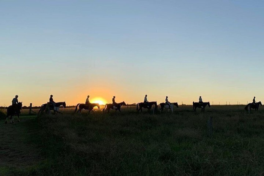 Un groupe de personnes à cheval dans un champ, au coucher du soleil. 3
