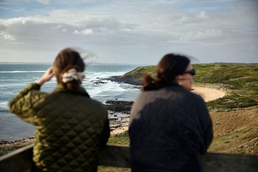 Two people overlooking a coastal landscape with a beach and rocky outcrops. 5