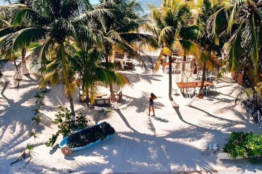 Una playa con palmeras, una mujer caminando y una tabla de surf azul sobre la arena. 3