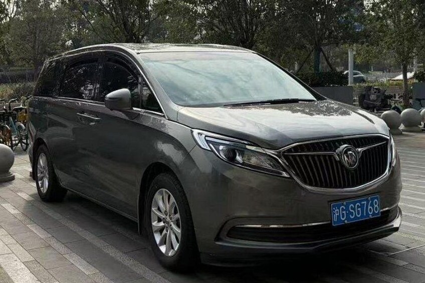 A gray minivan parked on a paved area with trees and bollards in the background. 4
