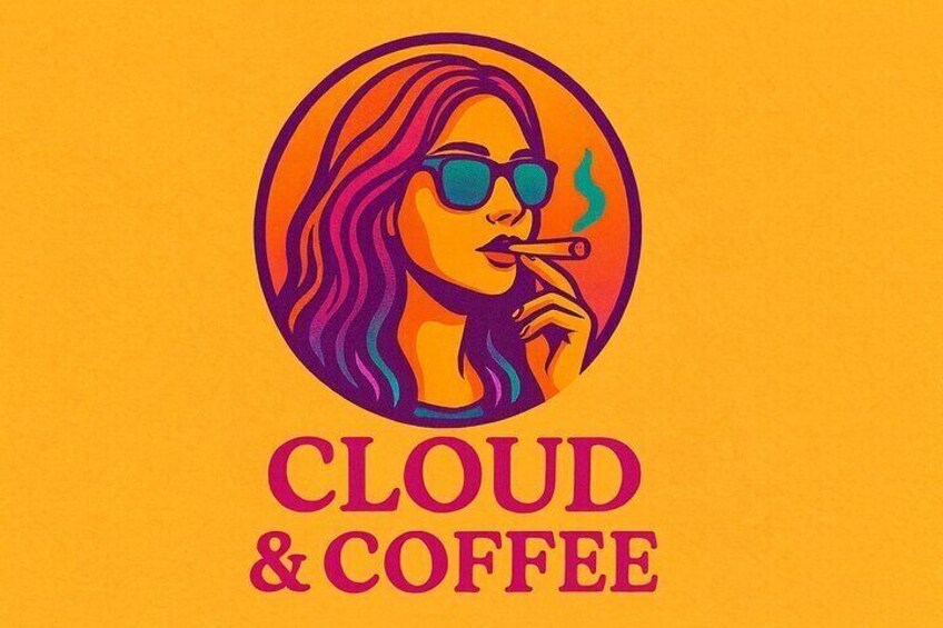 A logo with a stylized woman smoking a cigarette and the text "CLOUD & COFFEE". 1
