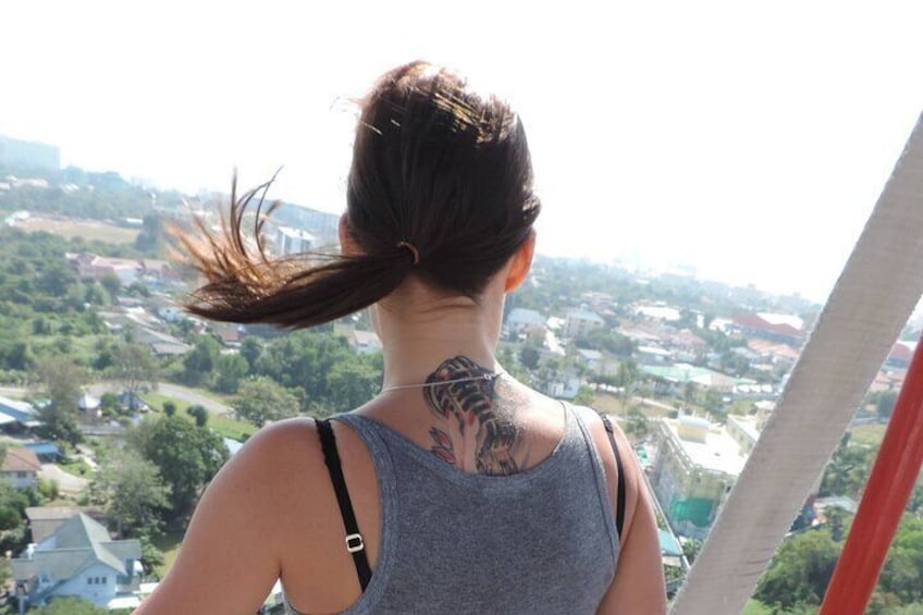 Una persona con una coleta y un tatuaje en la espalda, vestida con un top sin mangas, contemplando un paisaje urbano con edificios y zonas verdes. 3