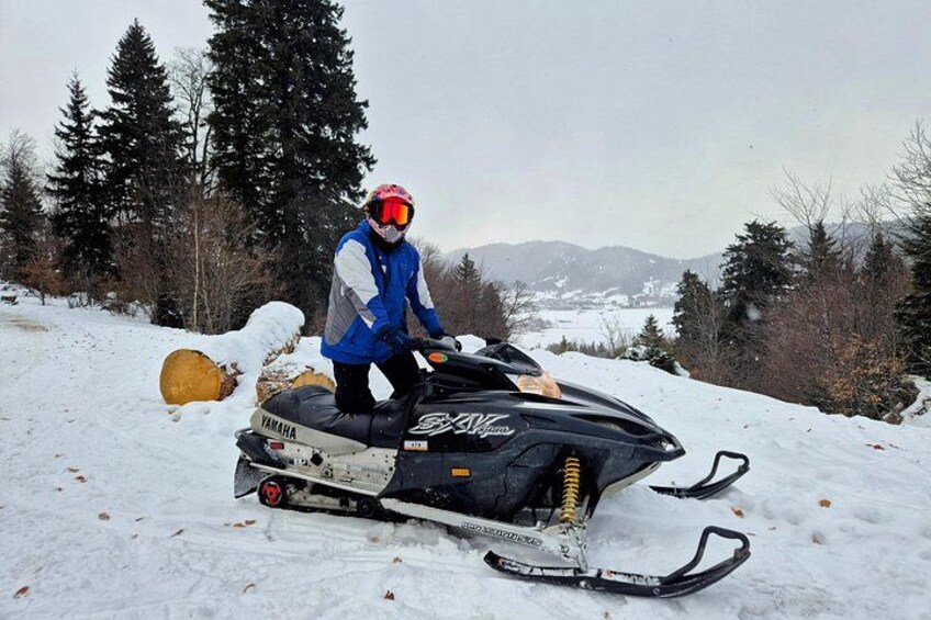 A person on a snowmobile with a Yamaha logo, surrounded by snow and trees. 1
