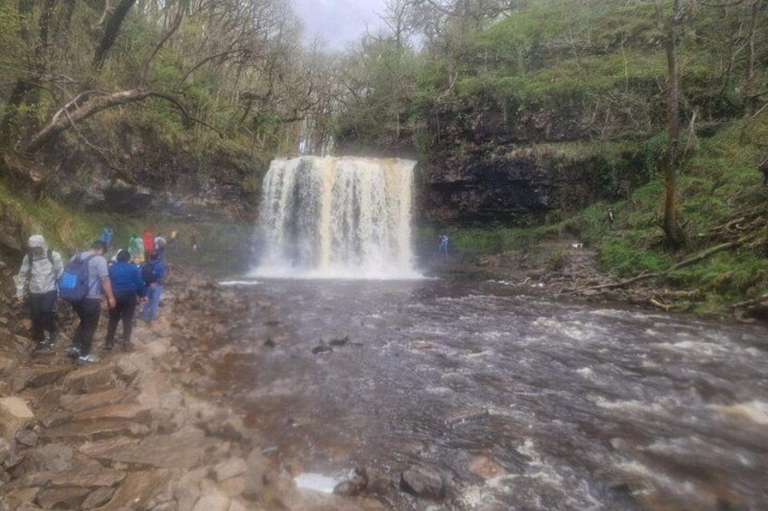A waterfall surrounded by trees and a group of people. 4