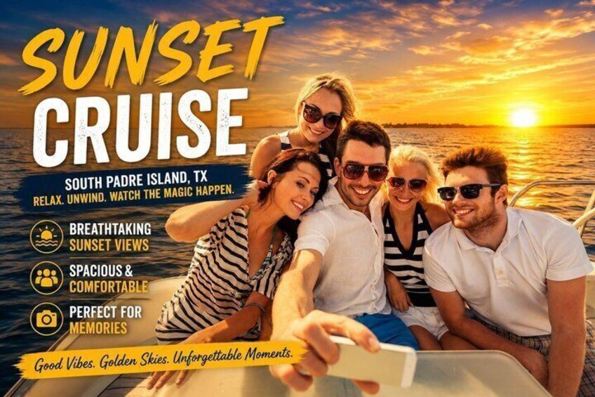 A sunset cruise with a group of people on a boat, featuring breathtaking sunset views, spacious and comfortable seating, and a location in South Padre Island, TX. 1