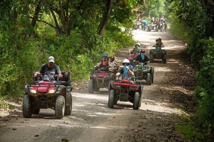 People riding ATVs on a dirt path surrounded by trees. 4