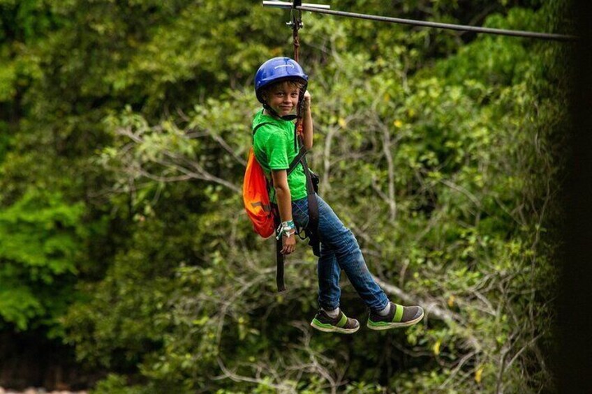 A person ziplining through a forest. 4