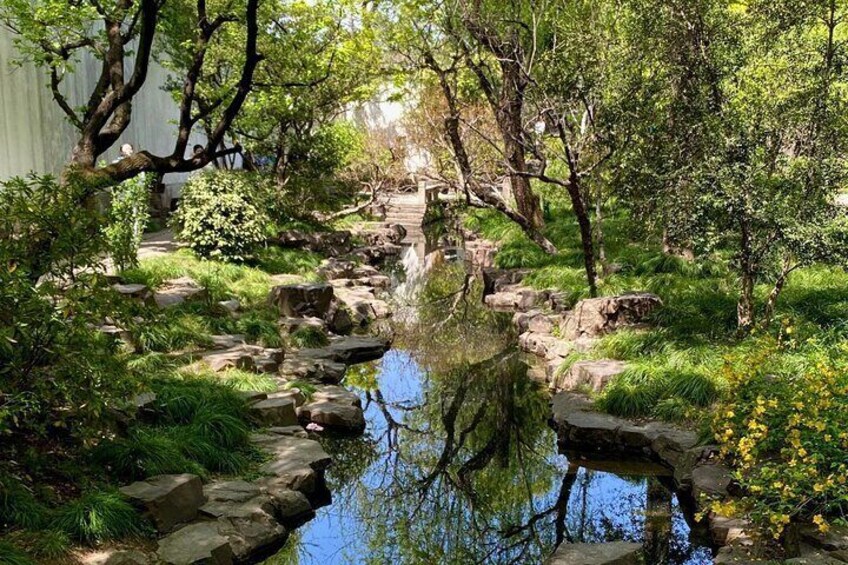 Un jardín tranquilo con un estanque, rocas y abundante vegetación. 3