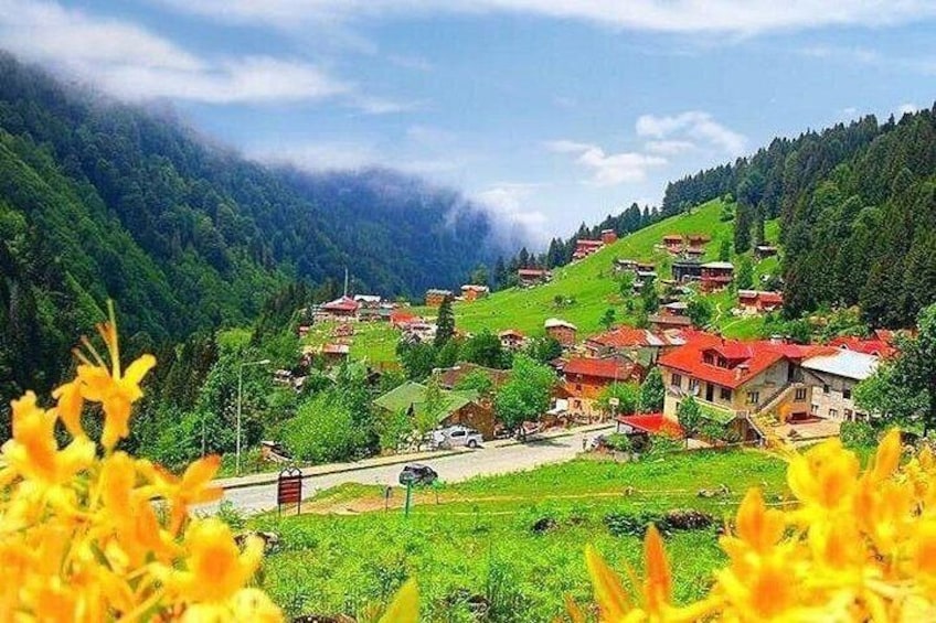 A village with red-roofed houses nestled in a valley, surrounded by lush green hills and mountains. 1