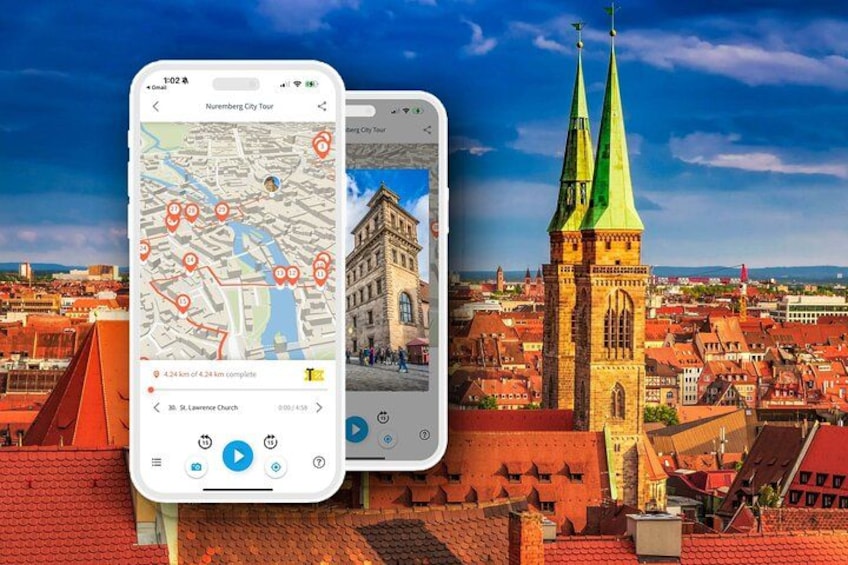 Een smartphone toont een kaart met een stadsroute, een kerk en een toren met groene spitsen. 3