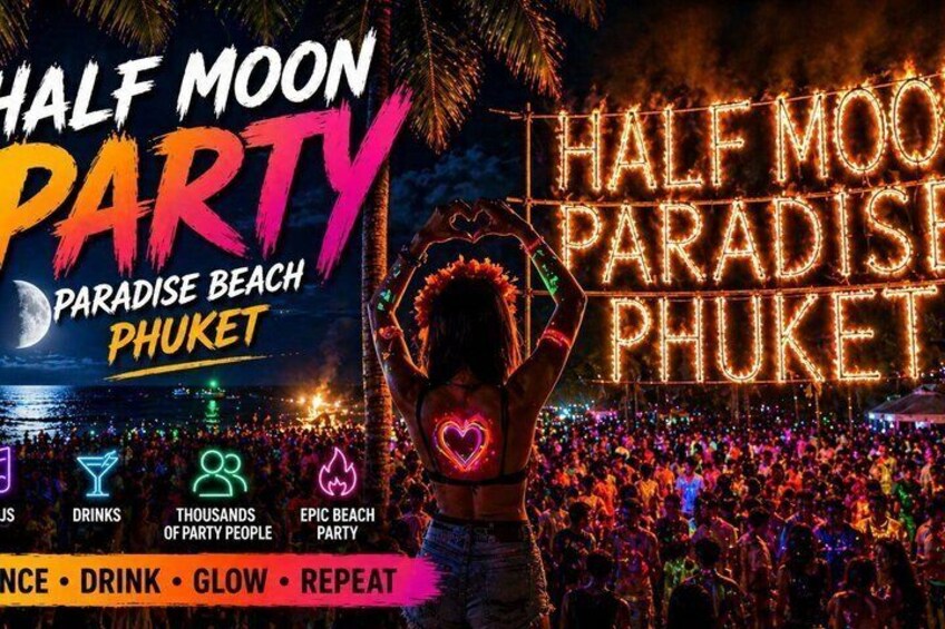A nighttime beach party with illuminated signs, a crowd, and a person holding a glowing heart-shaped object. 1