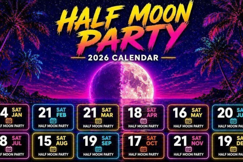 A 2026 calendar with a 'Half Moon Party' theme, featuring a large moon and palm trees. 4