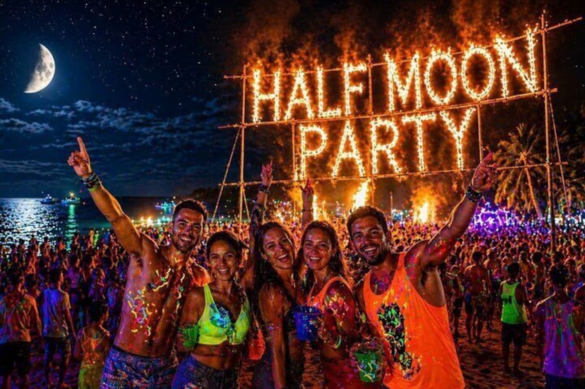 A nighttime outdoor event with a crowd and a sign that reads 'HALF MOON PARTY.' 2