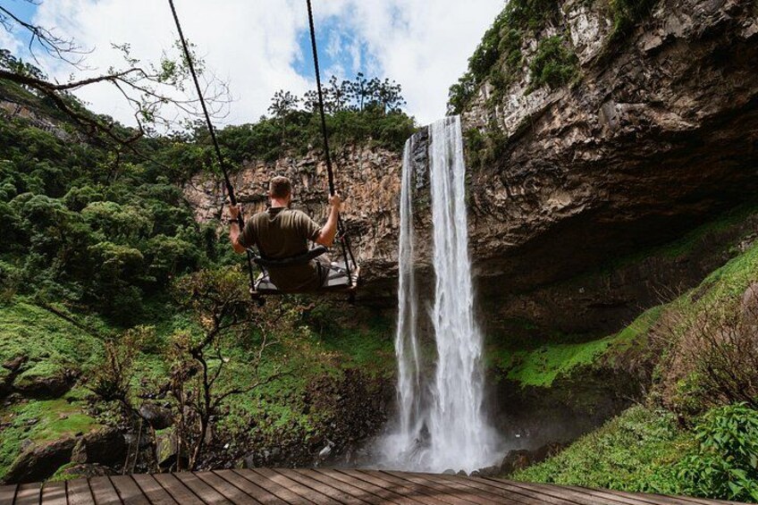 Iemand schommelt boven een waterval, omringd door groen. 5