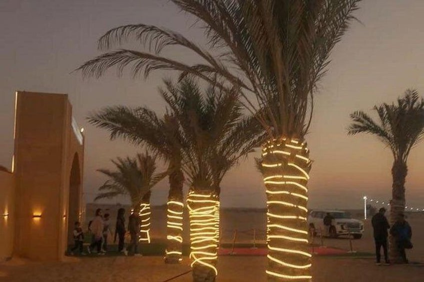 Palm trees with lights, a building, and a beach. 5