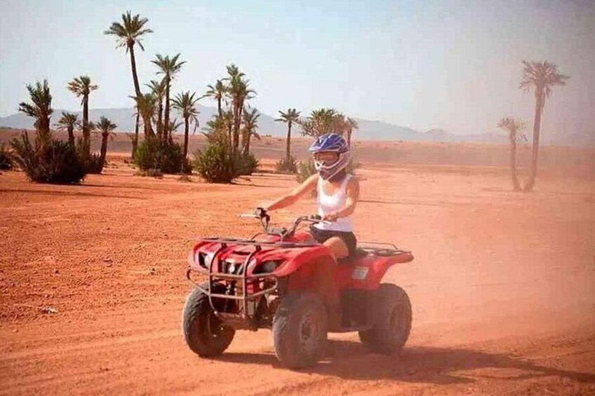 A person riding a red quad bike in a desert with sparse vegetation and palm trees. 5