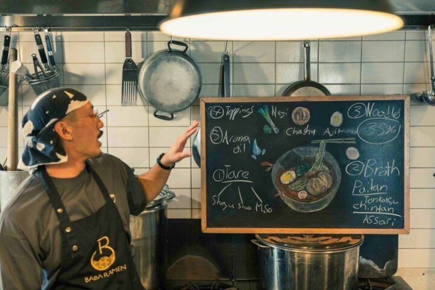 Ein Koch in einer Küche mit einer Kreidetafel, auf der Gerichte wie 'Tapiés', 'Ney' und 'Nudel' aufgeführt sind. 4