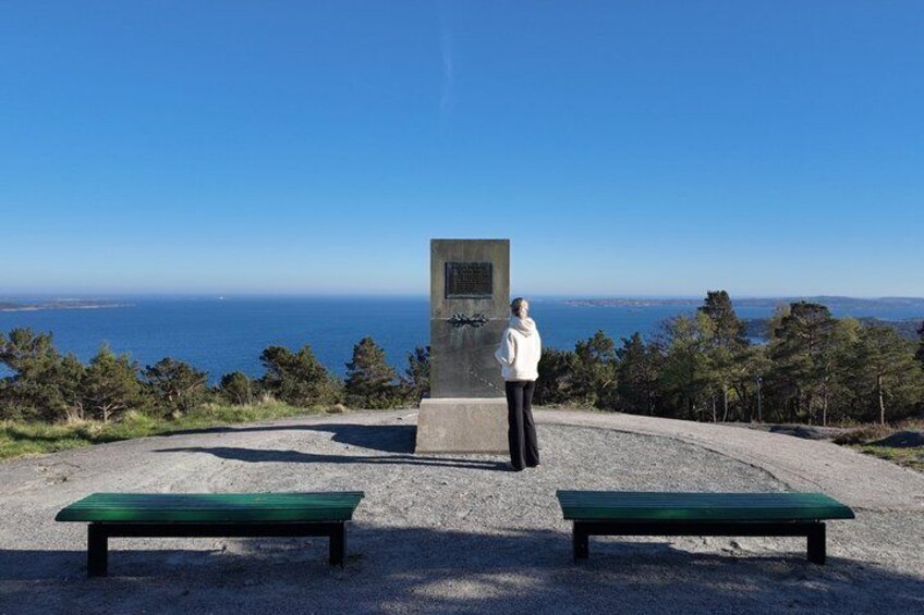 A person standing at a memorial with a bench in front, overlooking a coastal landscape. 3