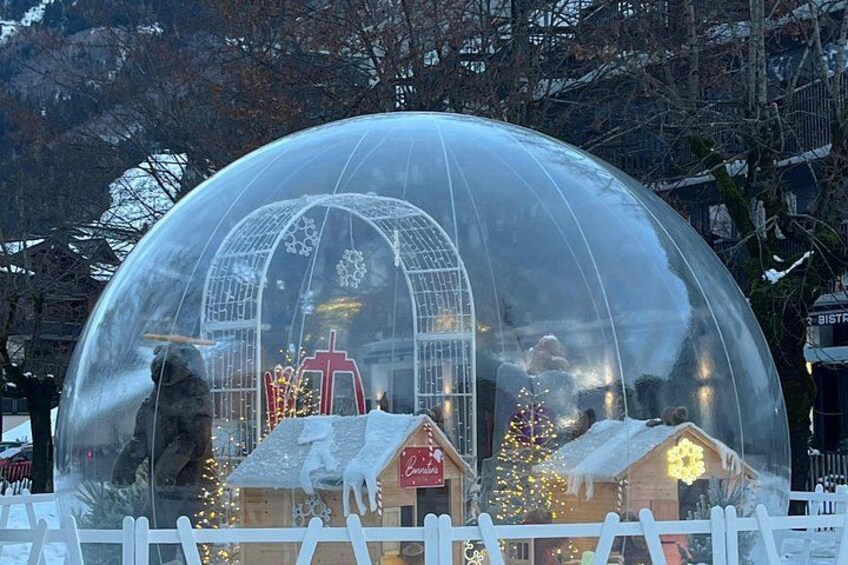 A transparent dome structure with a snow-covered roof, a Christmas tree, and a small building with a red roof. 4
