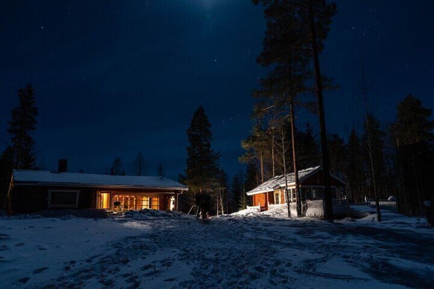 Een besneeuwd landschap met twee verlichte blokhutten en hoge dennenbomen in de nacht. 2