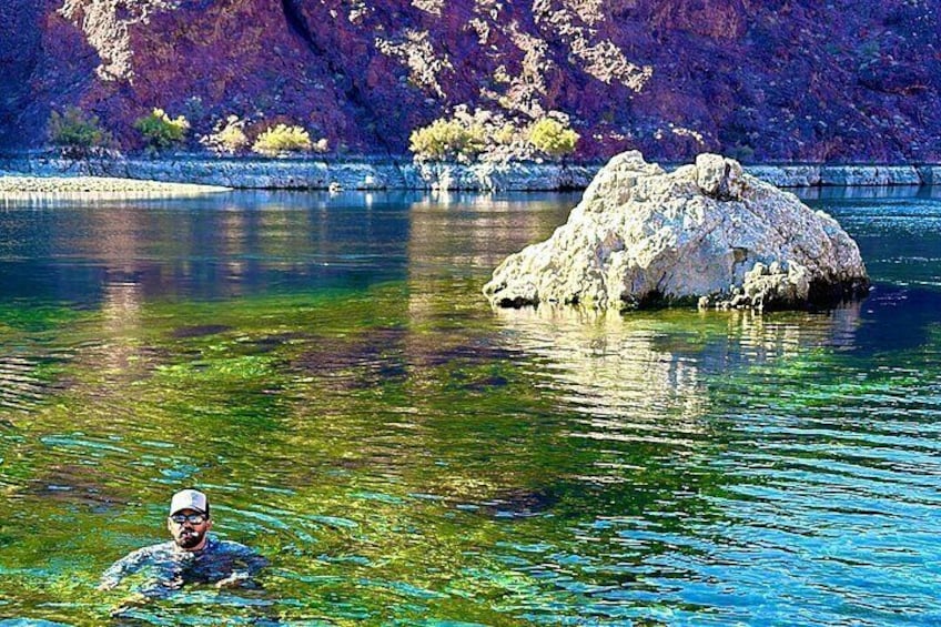 A person swimming in a clear lake with a rocky island in the background. 5