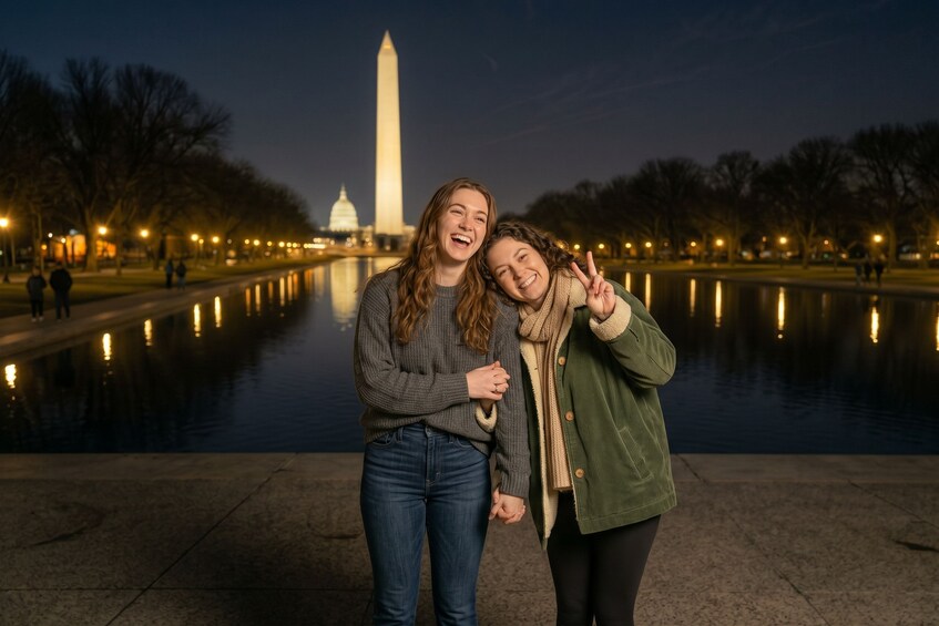Two people posing in front of the Washington Monument with a body of water reflecting the monument and surrounding trees. 1