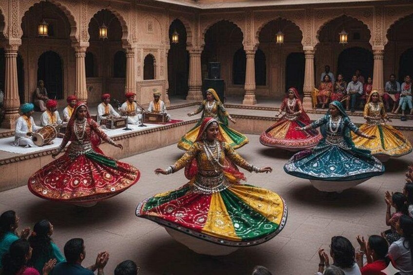 A traditional dance performance in a courtyard with ornate architecture. 5