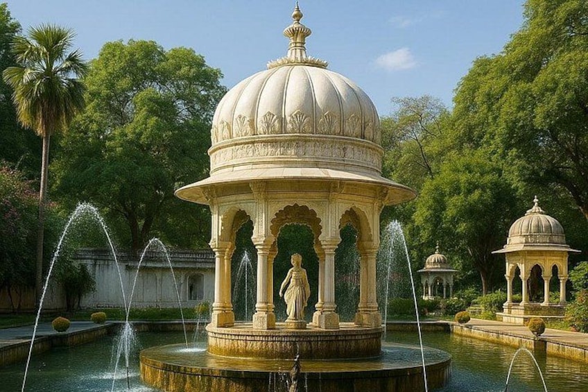 Un giardino con una fontana al centro, un gazebo e una statua. 5